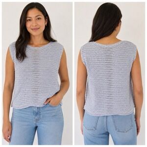 EILEEN FISHER Organic Cotton Crochet Knit Sleeveless Top Sz M Boat Neck Lt Blue